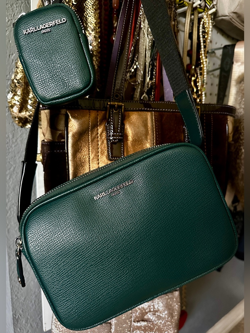 KARL LAGERFELD Teal Textured Camera Crossbody Bag with Silver Hardware